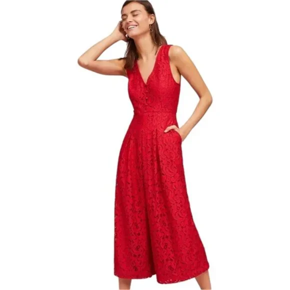 Moulinette Soeurs (Anthropologie) Jaeda Lace Wide-Leg RedJumpsuit, size 4 - Picture 1 of 6